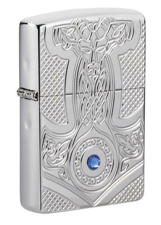 Zippo Thor Hammer Medieval, Deep Carved High Polish Chrome Armor Lighter #49289