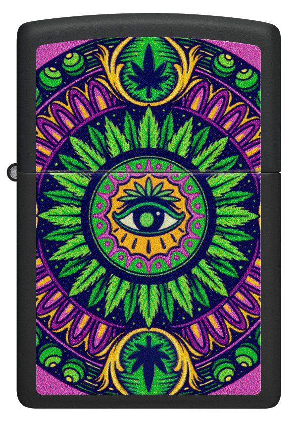 Zippo Cannabis Trippy Eye Black Light Design, Black Matte Lighter #48583