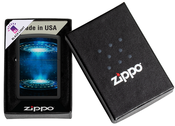 Zippo Cyberpunk Portal Black Light Design, Black Matte Lighter #48514