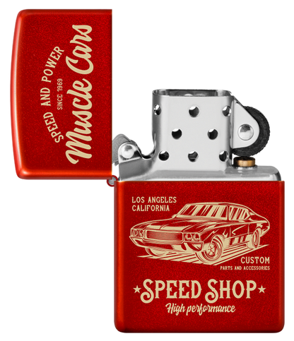 Zippo Retro Muscle Cars Metallic Red Laser Engrave Lighter #48523