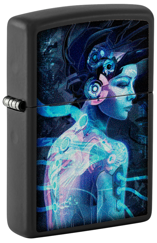 Zippo Cyberpunk Girl Black Light Design, Black Matte Lighter #48517