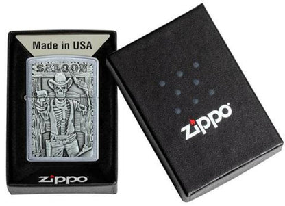 Zippo Cowboy Saloon Skull 3D Emblem, Street Chrome Windproof Lighter #49298