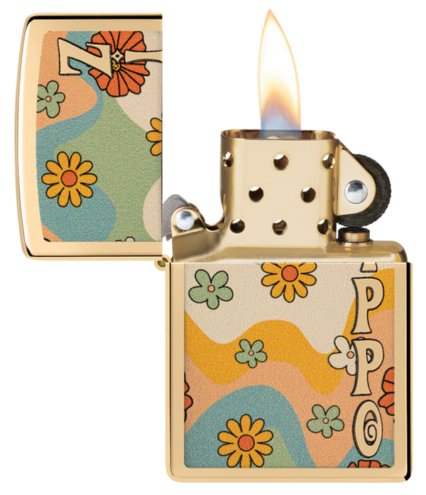 Zippo Retro Flower Power Design, High Polish Brass Lighter #48503