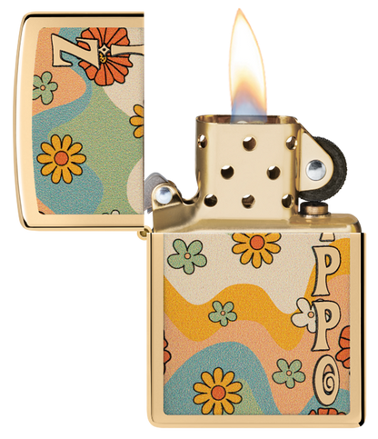 Zippo Retro Flower Power Design, High Polish Brass Lighter #48503