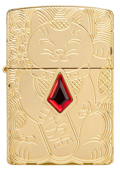 Zippo Lucky Cat, Deep Carve Emblem, High Polish Brass Armor Lighter #49802