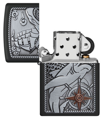 Zippo Nautical Shark Emblem Attached, Black Matte Lighter #48120