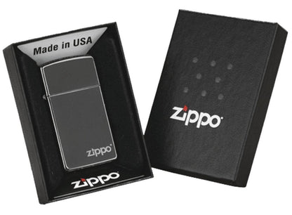 Zippo Slim Ebony with Logo Lighter, High Polish Black, Windproof #28123ZL