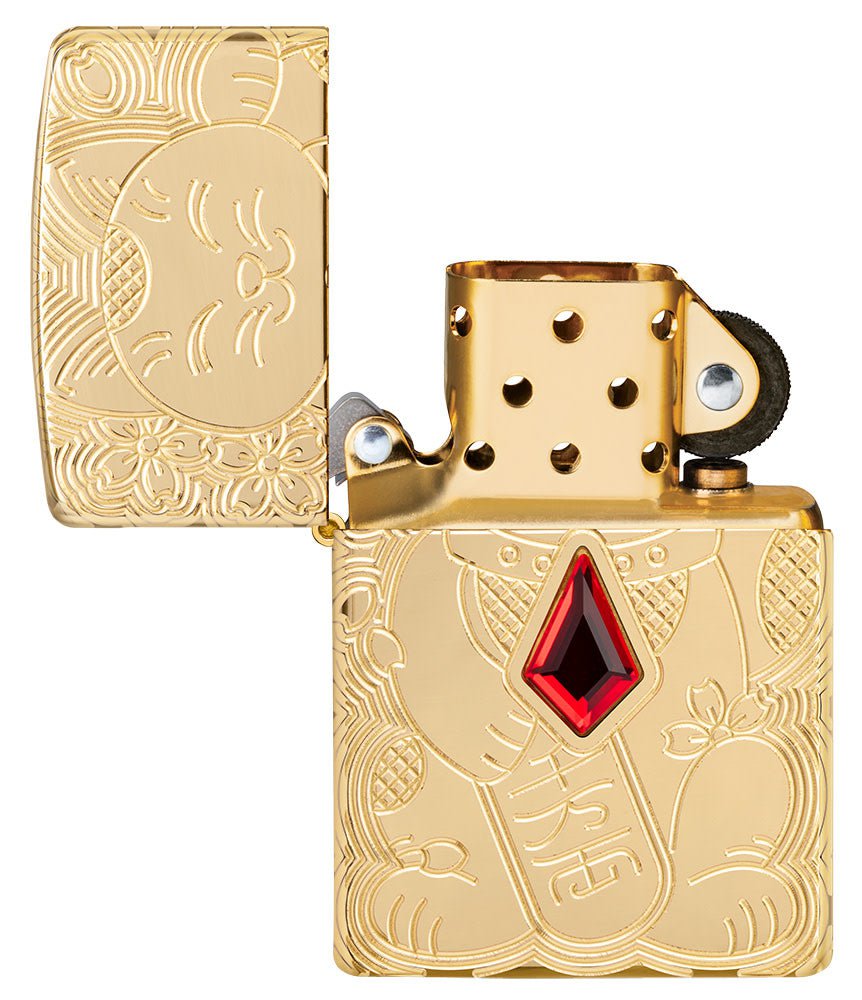 Zippo Lucky Cat, Deep Carve Emblem, High Polish Brass Armor Lighter #49802